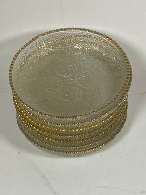 Vintage Jeannette Glass "Harp" Pattern 7 Coasters w/ Gold Trim